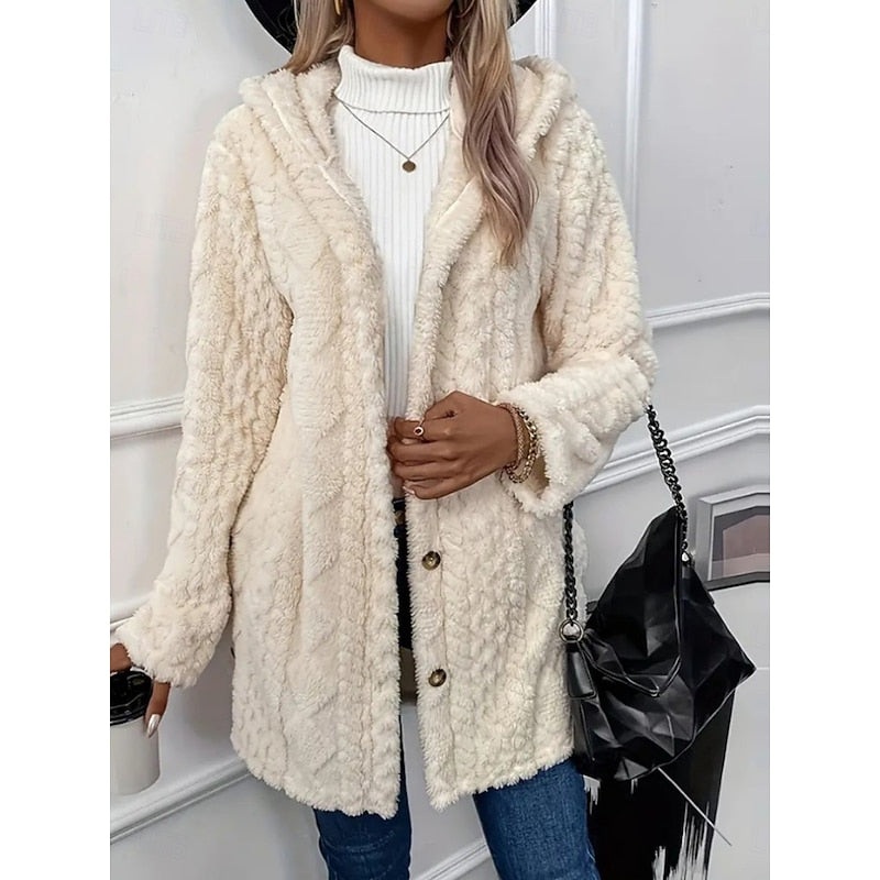 Fleece Hooded Jacket Women's Textured Long Sleeve Cardigan Coat Cream – Casual, Winter, Everyday