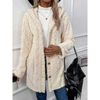 Fleece Hooded Jacket Women's Textured Long Sleeve Cardigan Coat Cream – Casual, Winter, Everyday