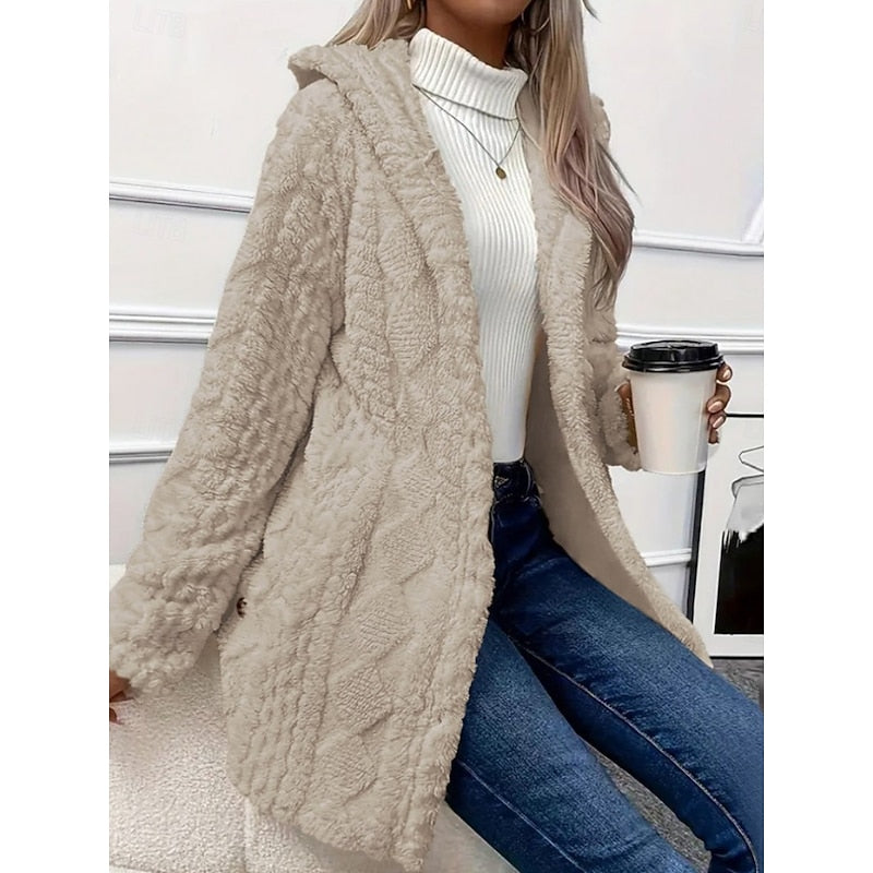 Fleece Hooded Jacket Women's Textured Long Sleeve Cardigan Coat Cream – Casual, Winter, Everyday