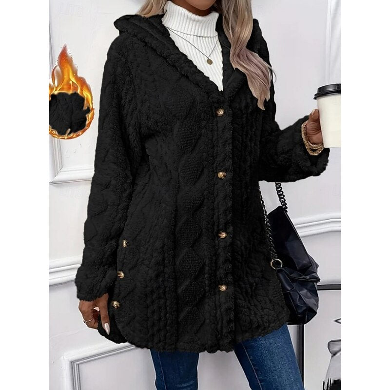 Fleece Hooded Jacket Women's Textured Long Sleeve Cardigan Coat Cream – Casual, Winter, Everyday