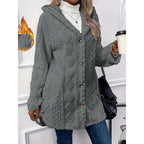 Fleece Hooded Jacket Women's Textured Long Sleeve Cardigan Coat Cream – Casual, Winter, Everyday