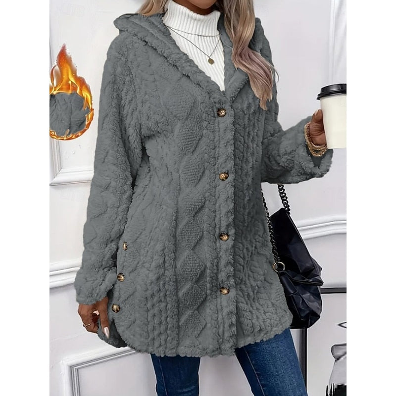Fleece Hooded Jacket Women's Textured Long Sleeve Cardigan Coat Cream – Casual, Winter, Everyday
