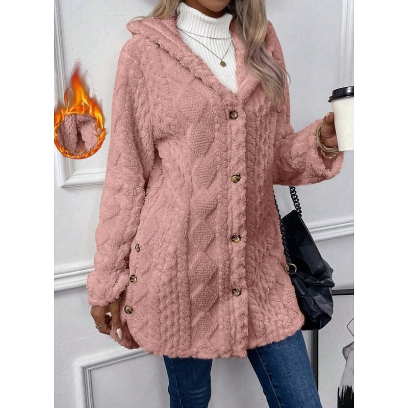 Fleece Hooded Jacket Women's Textured Long Sleeve Cardigan Coat Cream – Casual, Winter, Everyday