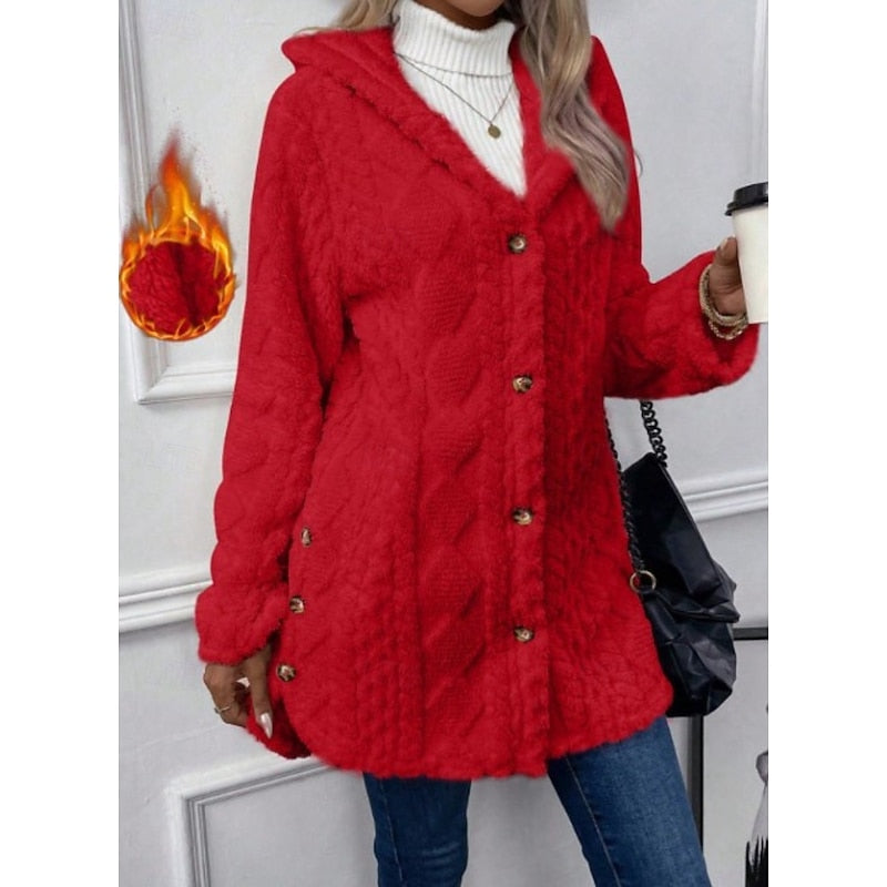 Fleece Hooded Jacket Women's Textured Long Sleeve Cardigan Coat Cream – Casual, Winter, Everyday