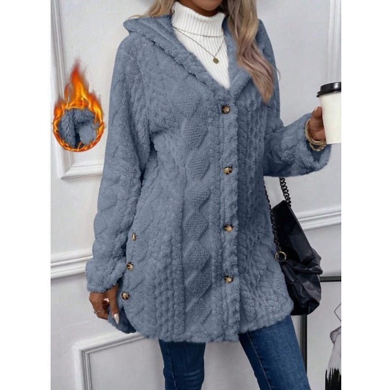 Fleece Hooded Jacket Women's Textured Long Sleeve Cardigan Coat Cream – Casual, Winter, Everyday