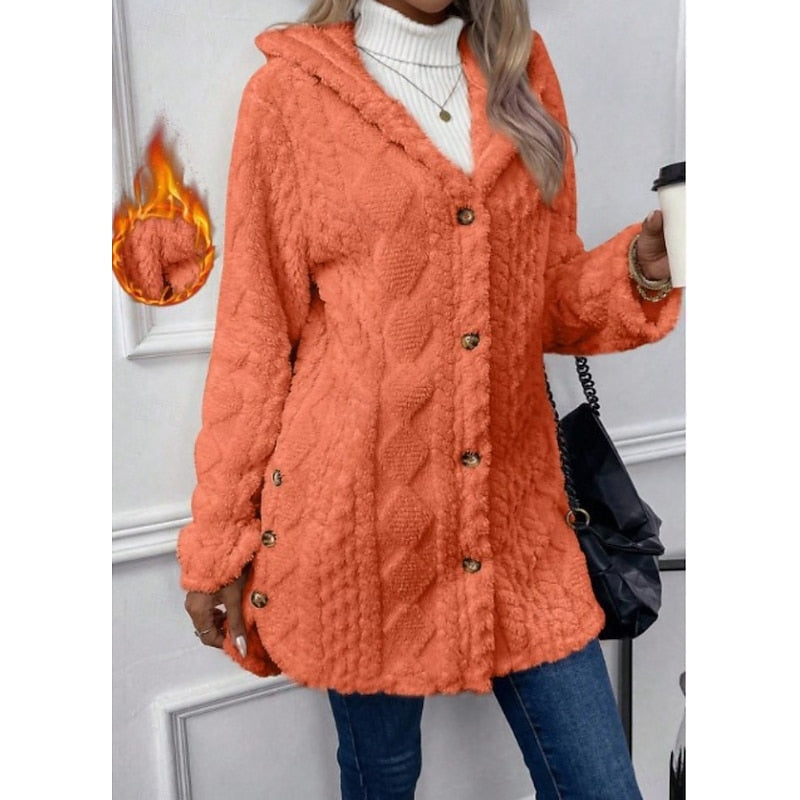 Fleece Hooded Jacket Women's Textured Long Sleeve Cardigan Coat Cream – Casual, Winter, Everyday