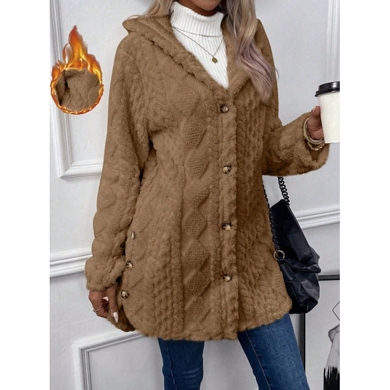 Fleece Hooded Jacket Women's Textured Long Sleeve Cardigan Coat Cream – Casual, Winter, Everyday