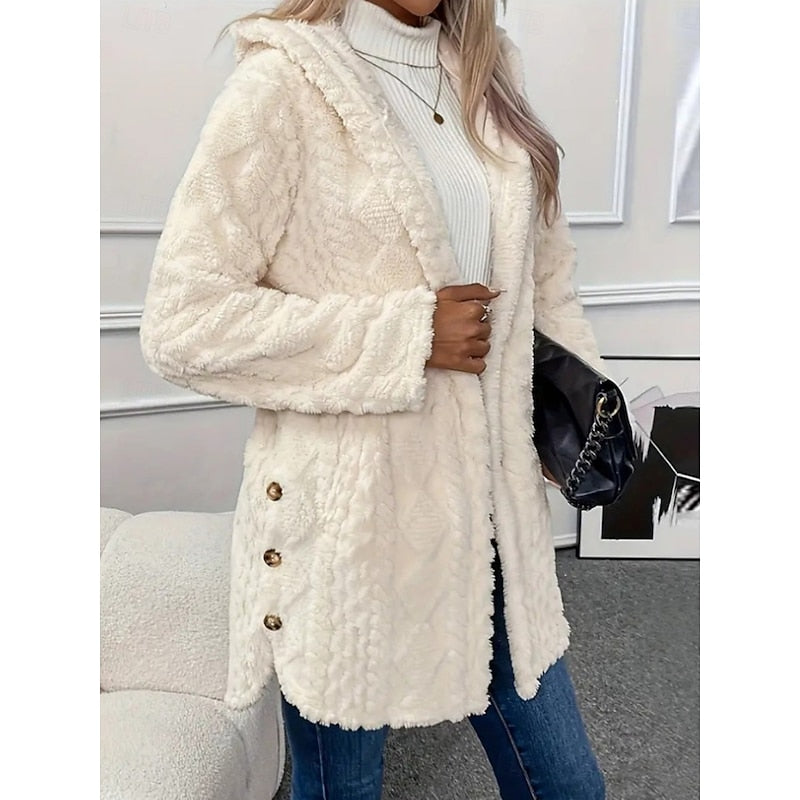 Fleece Hooded Jacket Women's Textured Long Sleeve Cardigan Coat Cream – Casual, Winter, Everyday