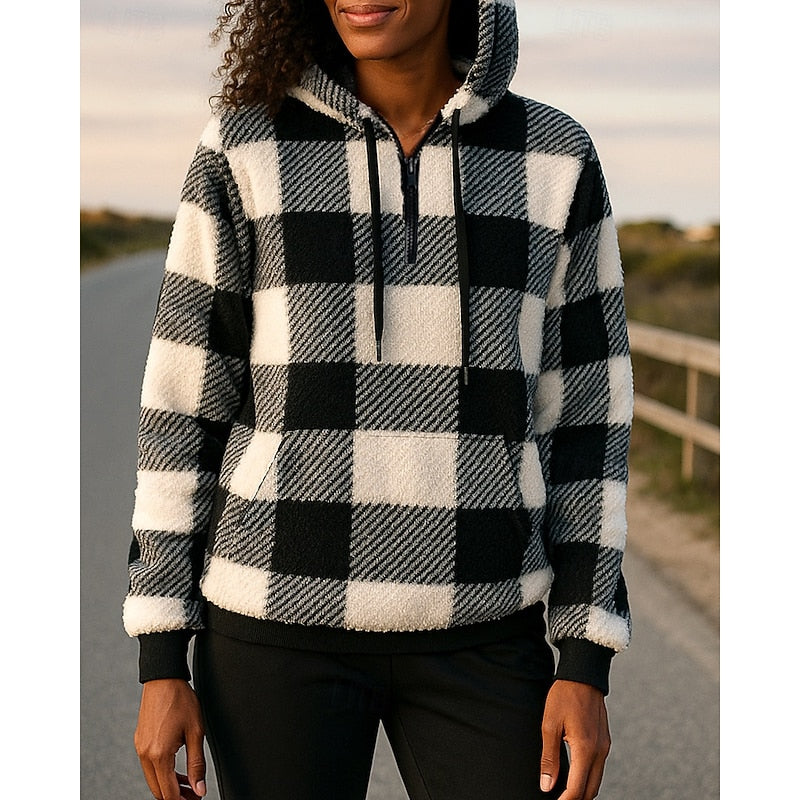 Fleece Hoodie Quarter-Zip Plaid Women's Sherpa Pullover – Casual, Winter Comfort