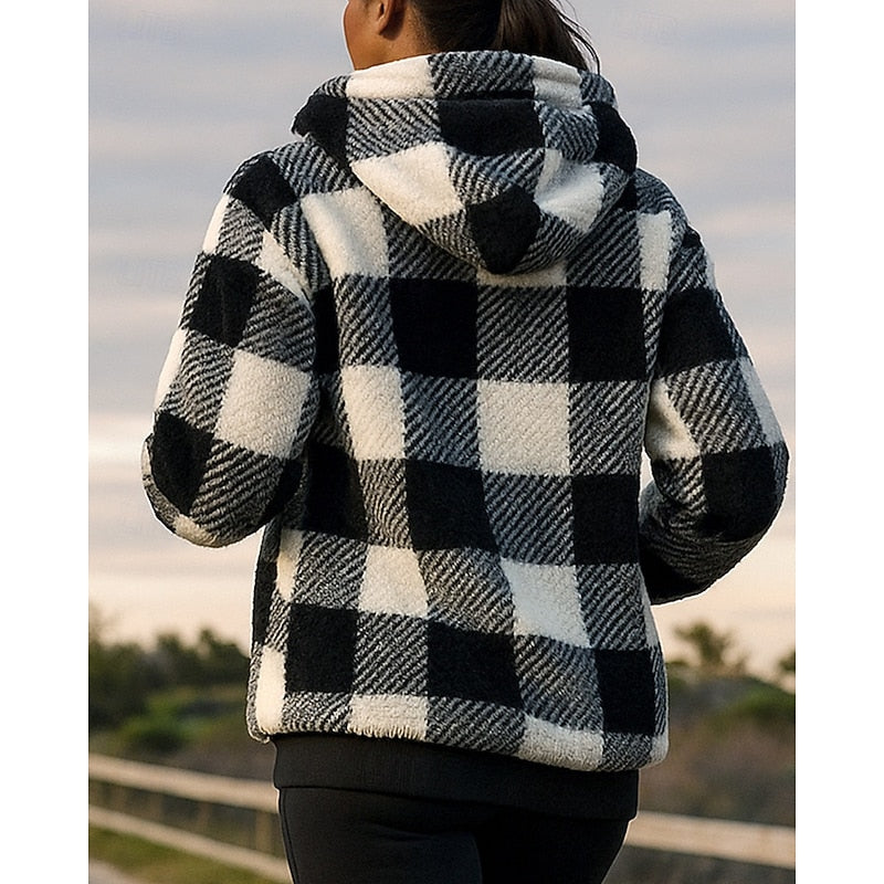 Fleece Hoodie Quarter-Zip Plaid Women's Sherpa Pullover – Casual, Winter Comfort