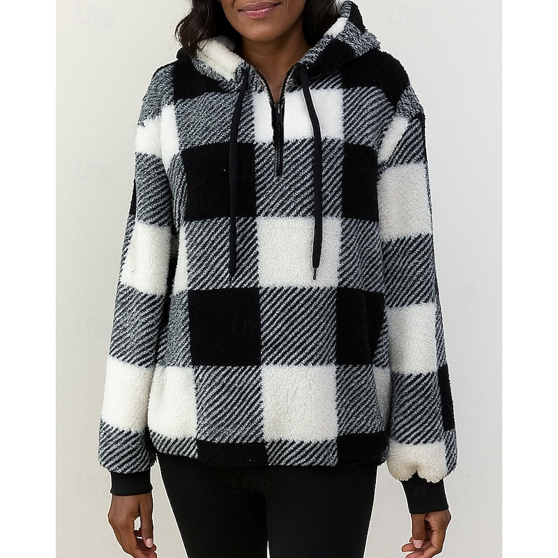 Fleece Hoodie Quarter-Zip Plaid Women's Sherpa Pullover – Casual, Winter Comfort