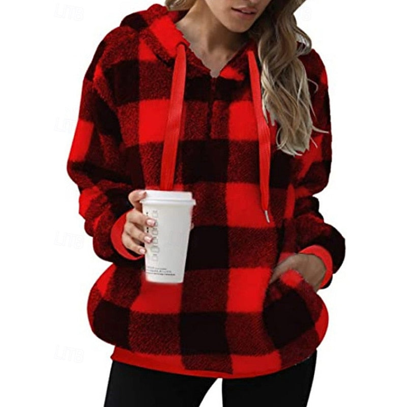 Fleece Hoodie Quarter-Zip Plaid Women's Sherpa Pullover – Casual, Winter Comfort