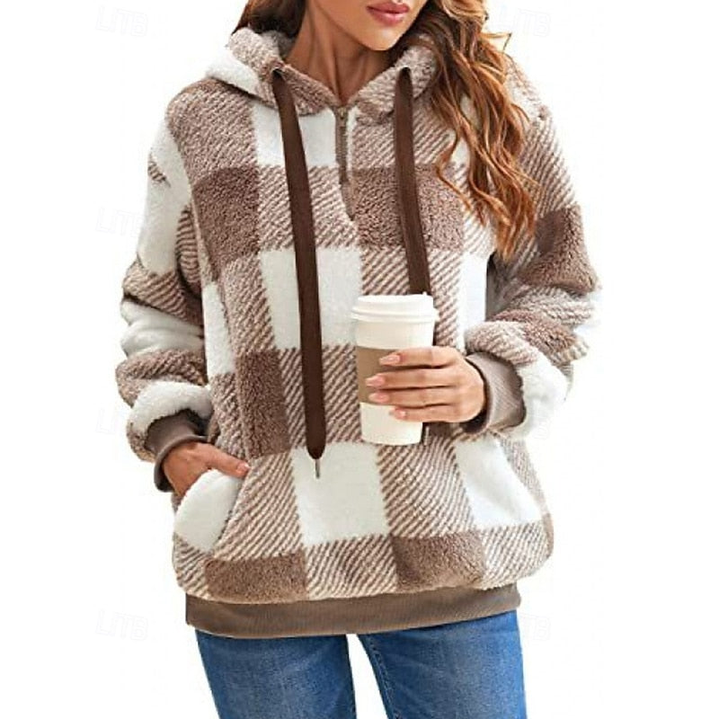 Fleece Hoodie Quarter-Zip Plaid Women's Sherpa Pullover – Casual, Winter Comfort