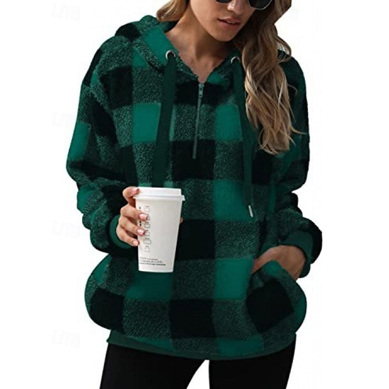 Fleece Hoodie Quarter-Zip Plaid Women's Sherpa Pullover – Casual, Winter Comfort
