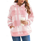 Fleece Hoodie Quarter-Zip Plaid Women's Sherpa Pullover – Casual, Winter Comfort