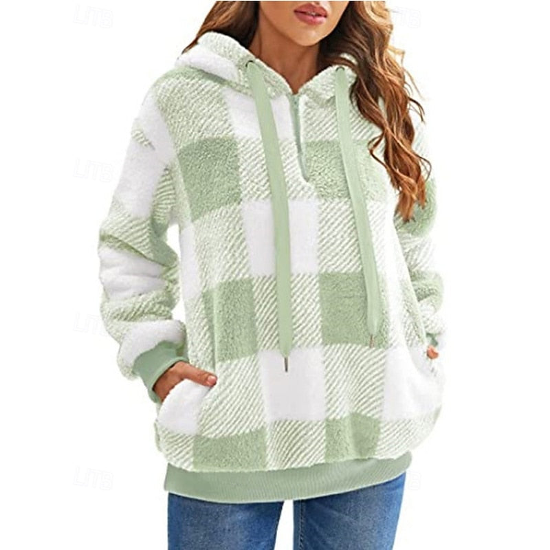 Fleece Hoodie Quarter-Zip Plaid Women's Sherpa Pullover – Casual, Winter Comfort