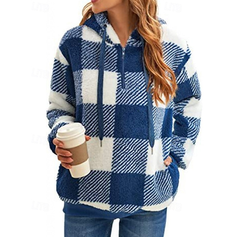 Fleece Hoodie Quarter-Zip Plaid Women's Sherpa Pullover – Casual, Winter Comfort