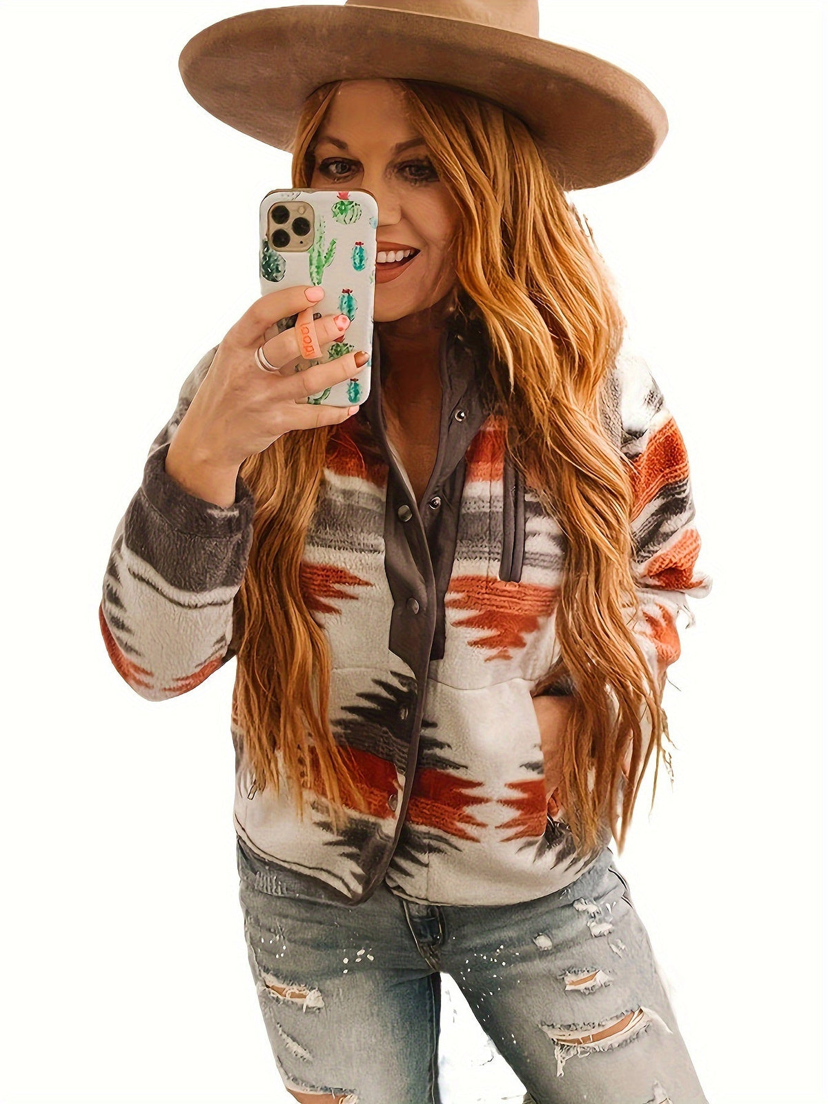 Fleece Jacket Aztec Print Women's Snap-Front – Casual, Autumn, Everyday Layering, Gift