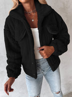 Fleece Jacket Black Textured Women's Button-Up Collared – Casual, Winter Warmth, Everyday Layering