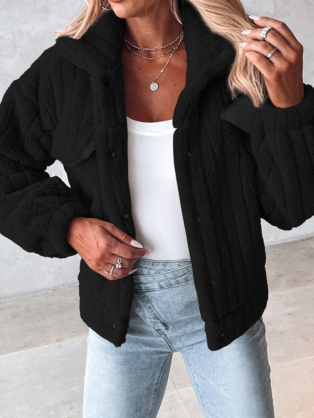 Fleece Jacket Black Textured Women's Button-Up Collared – Casual, Winter Warmth, Everyday Layering