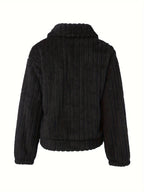 Fleece Jacket Black Textured Women's Button-Up Collared – Casual, Winter Warmth, Everyday Layering