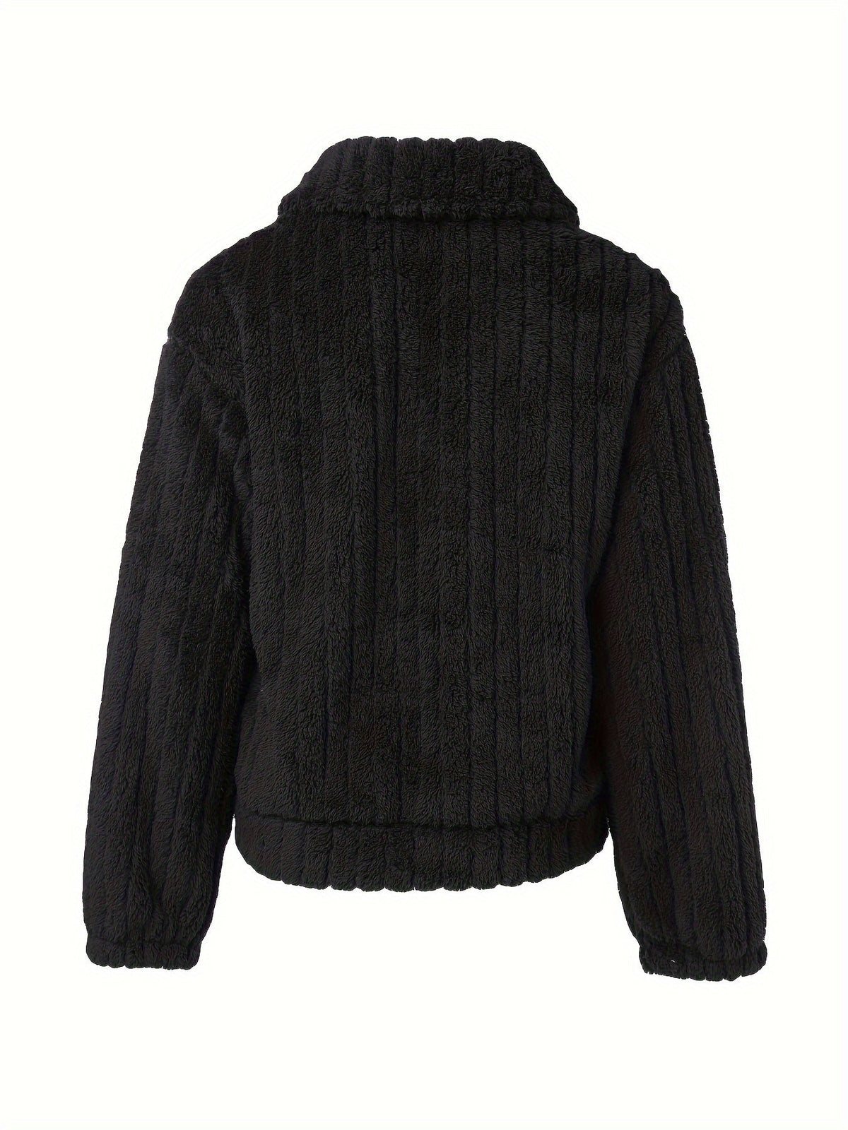 Fleece Jacket Black Textured Women's Button-Up Collared – Casual, Winter Warmth, Everyday Layering
