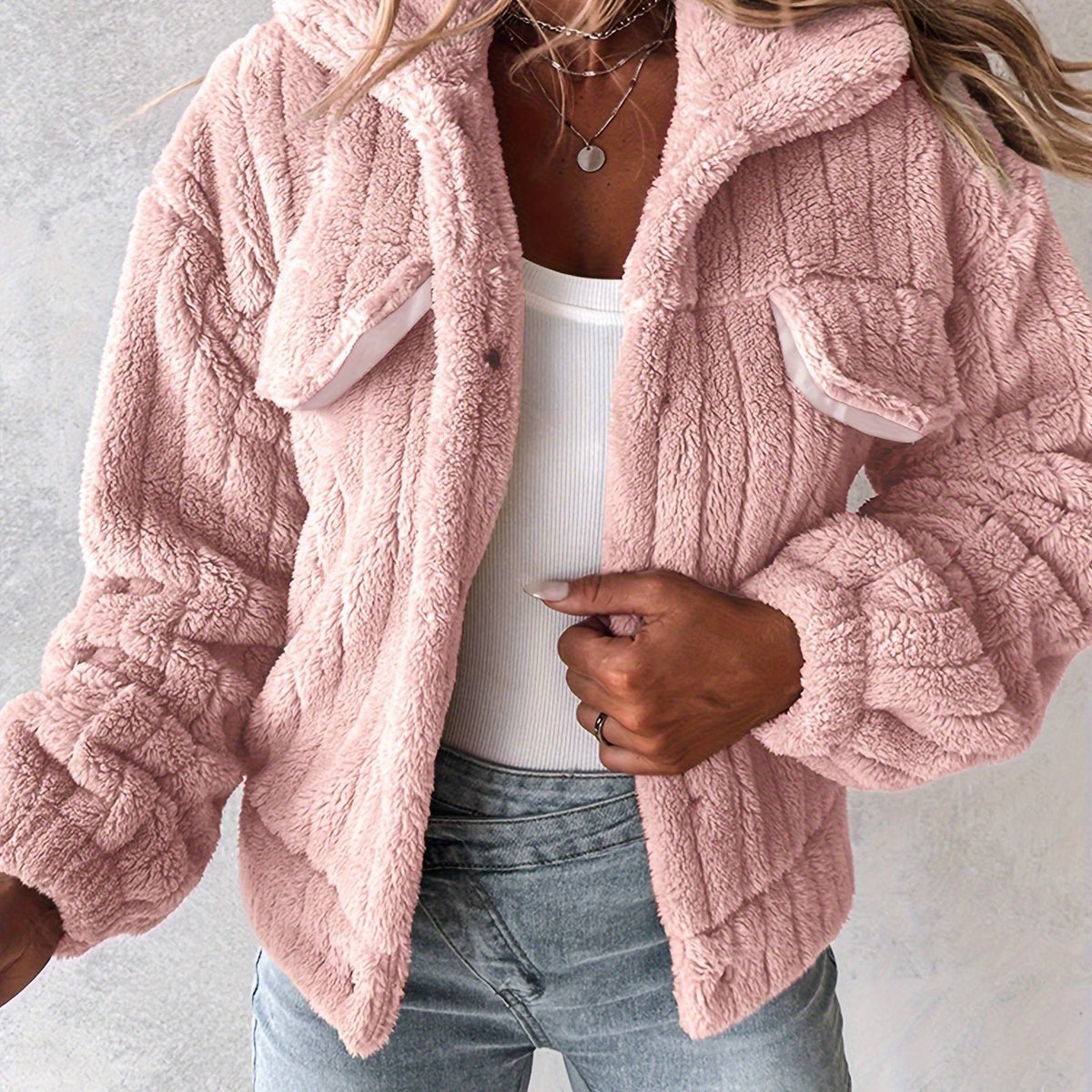 Fleece Jacket Black Textured Women's Button-Up Collared – Casual, Winter Warmth, Everyday Layering