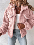 Fleece Jacket Black Textured Women's Button-Up Collared – Casual, Winter Warmth, Everyday Layering