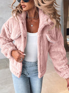 Fleece Jacket Black Textured Women's Button-Up Collared – Casual, Winter Warmth, Everyday Layering