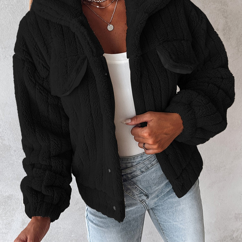 Fleece Jacket Black Textured Women's Button-Up Collared – Casual, Winter Warmth, Everyday Layering