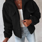 Fleece Jacket Black Textured Women's Button-Up Collared – Casual, Winter Warmth, Everyday Layering