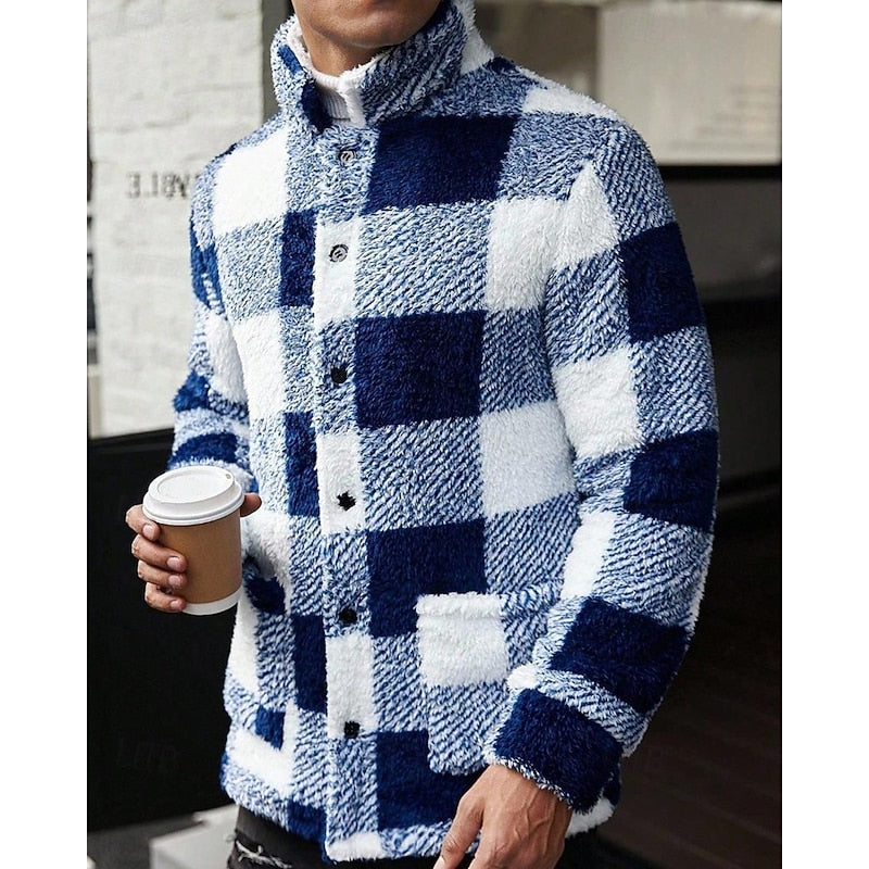 Fleece Jacket Brown White Plaid Check Men's Lapel Collar – Casual, Winter, Office, Gift