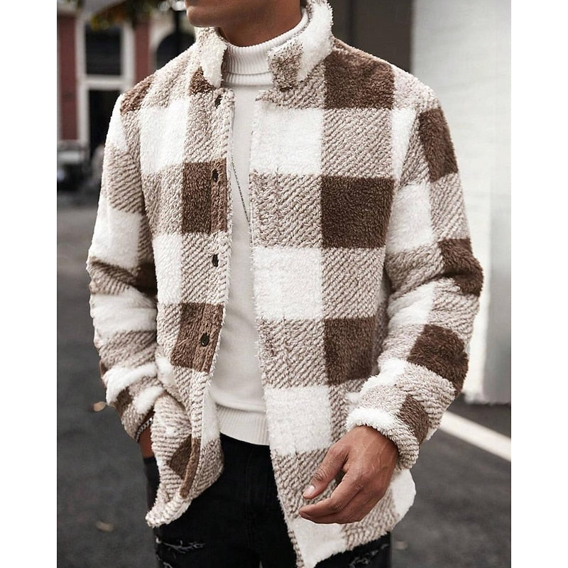 Fleece Jacket Brown White Plaid Check Men's Lapel Collar – Casual, Winter, Office, Gift