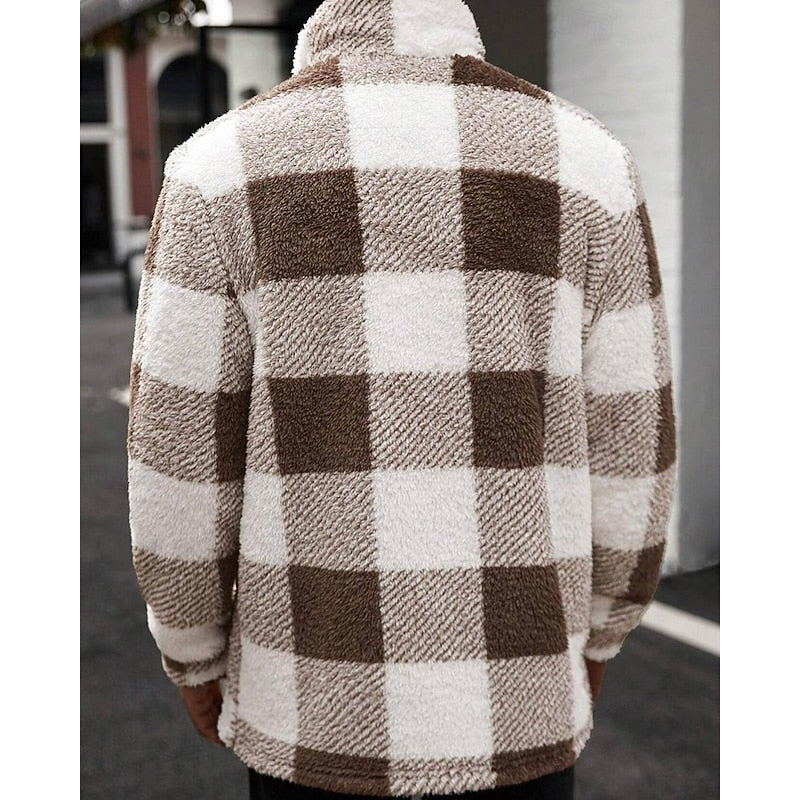 Fleece Jacket Brown White Plaid Check Men's Lapel Collar – Casual, Winter, Office, Gift