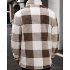 Fleece Jacket Brown White Plaid Check Men's Lapel Collar – Casual, Winter, Office, Gift