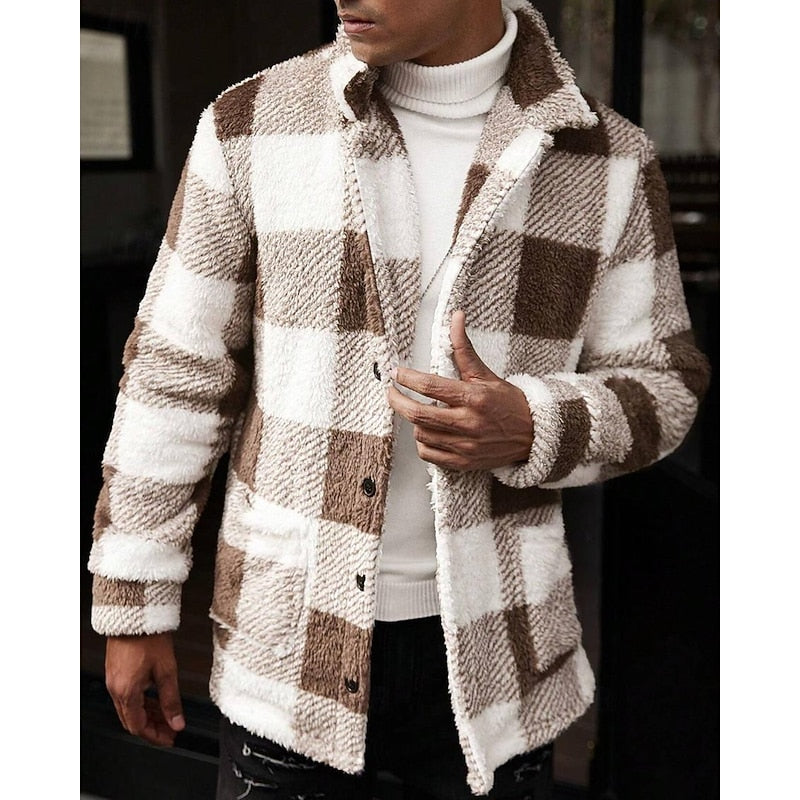 Fleece Jacket Brown White Plaid Check Men's Lapel Collar – Casual, Winter, Office, Gift