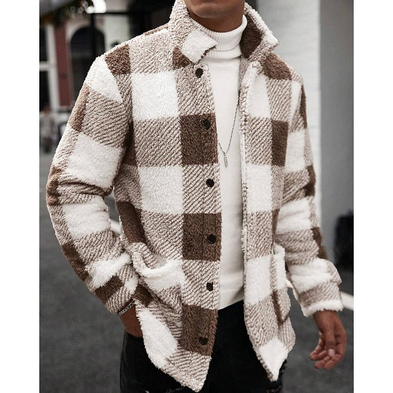 Fleece Jacket Brown White Plaid Check Men's Lapel Collar – Casual, Winter, Office, Gift