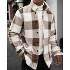 Fleece Jacket Brown White Plaid Check Men's Lapel Collar – Casual, Winter, Office, Gift