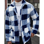 Fleece Jacket Brown White Plaid Check Men's Lapel Collar – Casual, Winter, Office, Gift
