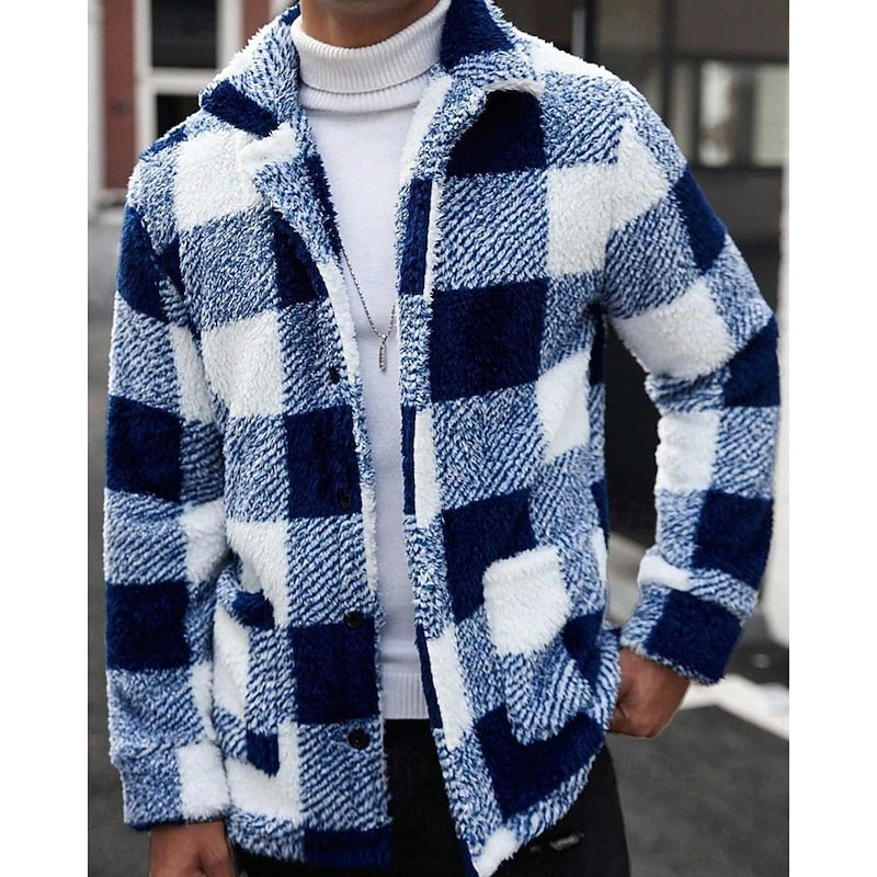 Fleece Jacket Brown White Plaid Check Men's Lapel Collar – Casual, Winter, Office, Gift