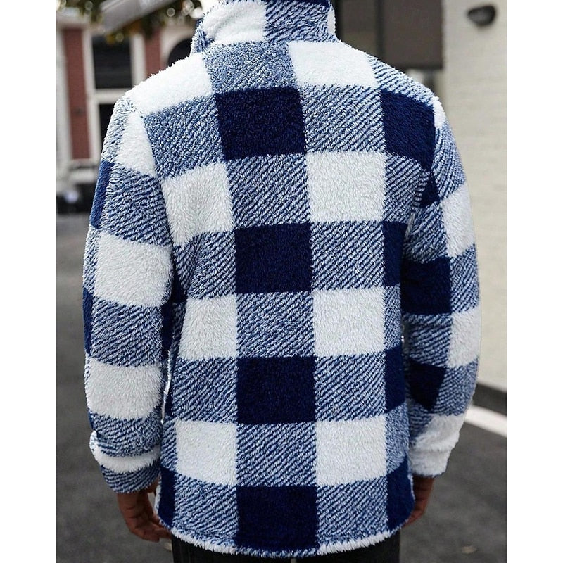 Fleece Jacket Brown White Plaid Check Men's Lapel Collar – Casual, Winter, Office, Gift