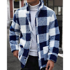 Fleece Jacket Brown White Plaid Check Men's Lapel Collar – Casual, Winter, Office, Gift