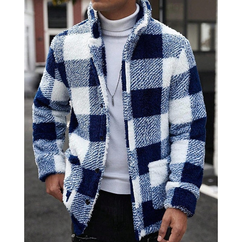 Fleece Jacket Brown White Plaid Check Men's Lapel Collar – Casual, Winter, Office, Gift