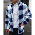 Fleece Jacket Brown White Plaid Check Men's Lapel Collar – Casual, Winter, Office, Gift