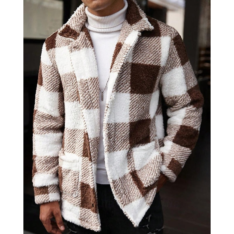 Fleece Jacket Brown White Plaid Check Men's Lapel Collar – Casual, Winter, Office, Gift