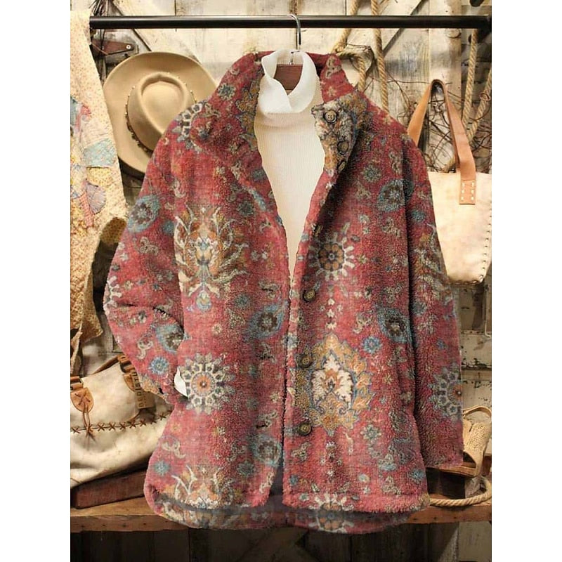 Fleece Jacket Floral Print Red Women's – Casual, Holiday, Office, Gift · Werune