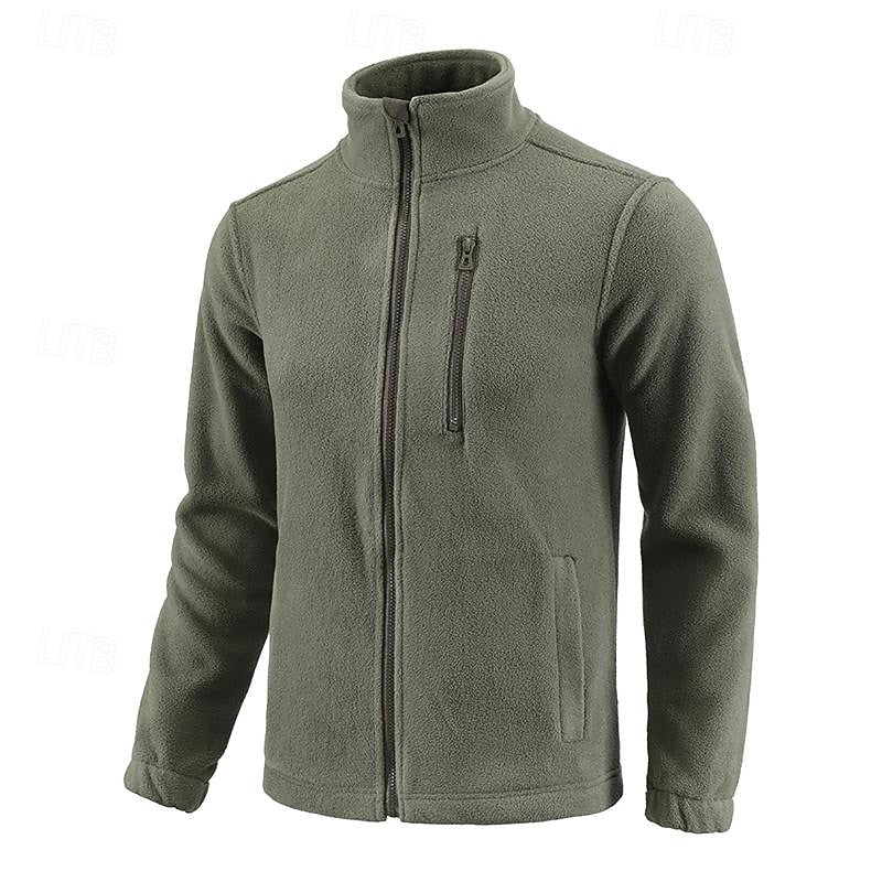 Fleece Jacket Full-Zip Stand-Collar Green Men's – Casual, Outdoor, Holiday, Gift
