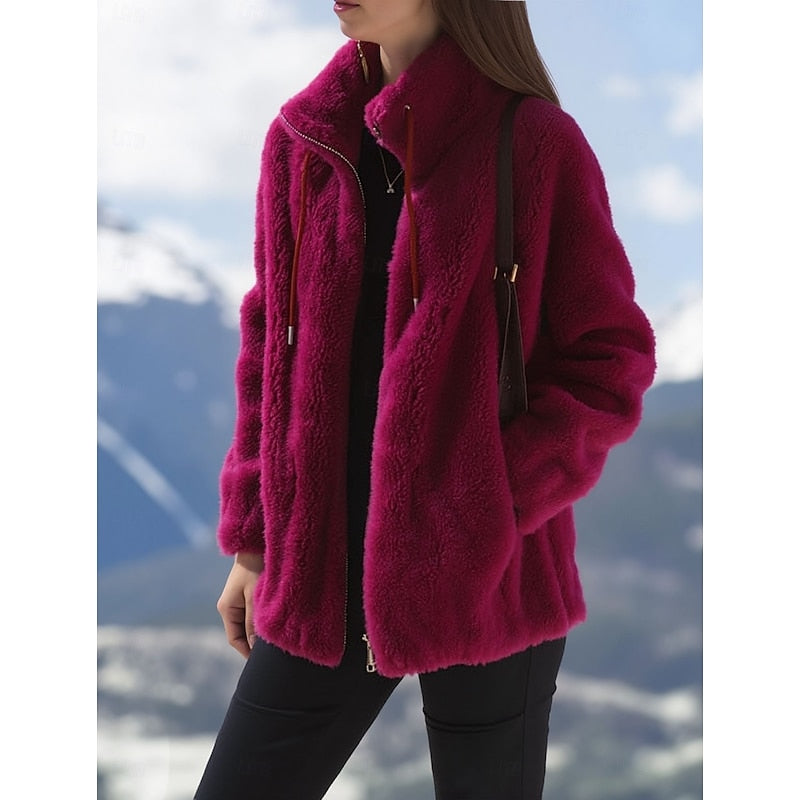 Fleece Jacket Green Women's Zip-Up Coat with Pockets – Casual, Winter Warmth, Gift