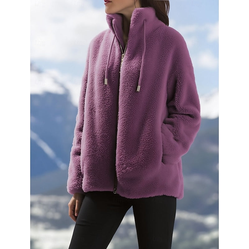 Fleece Jacket Green Women's Zip-Up Coat with Pockets – Casual, Winter Warmth, Gift