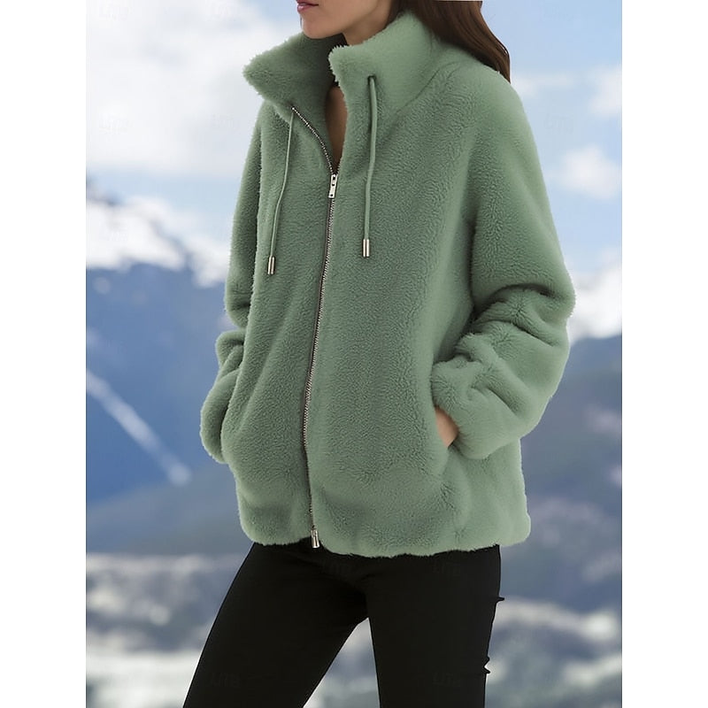 Fleece Jacket Green Women's Zip-Up Coat with Pockets – Casual, Winter Warmth, Gift